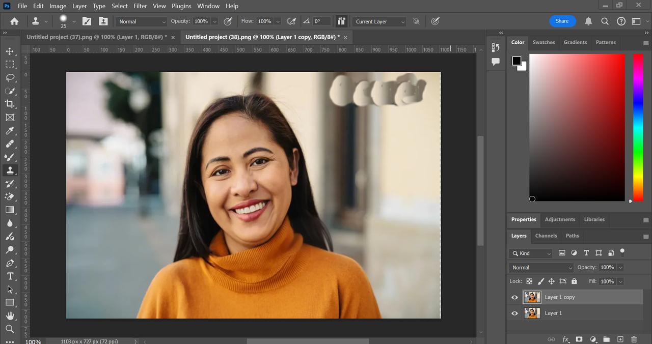 How to remove text from a photo in photoshop: Pick a sample and paint