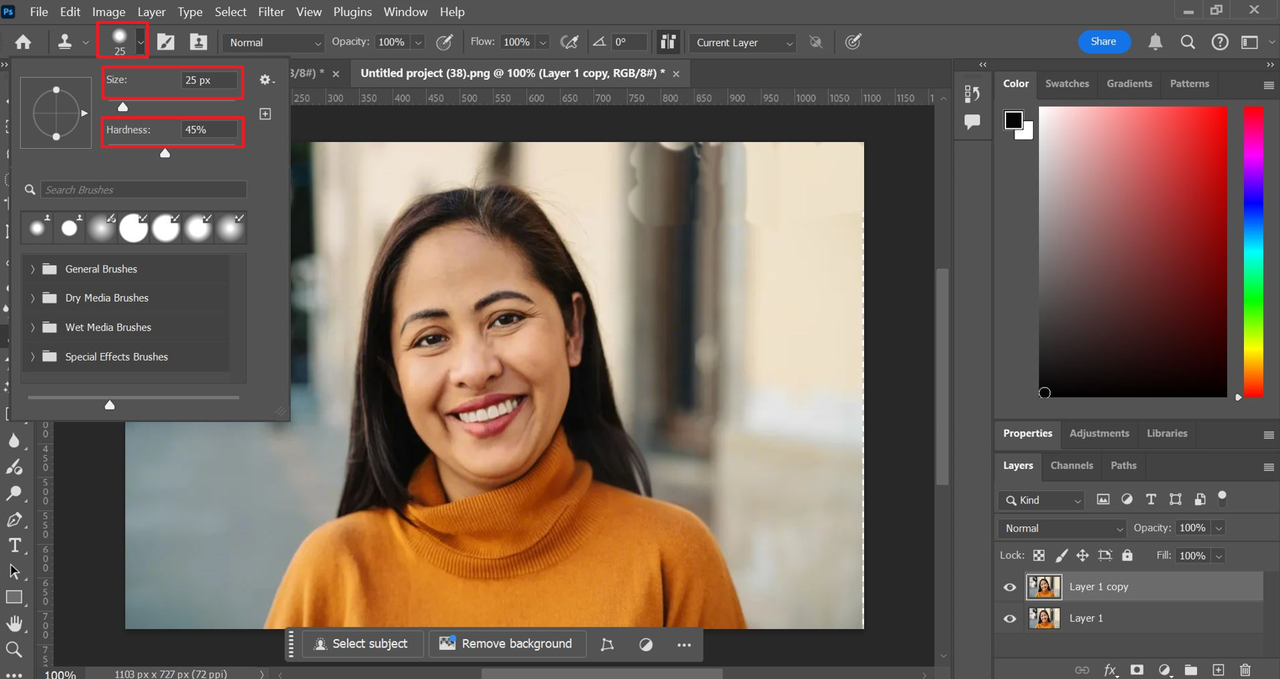 How to remove text from a picture in Photoshop: Adjust your size and hardness