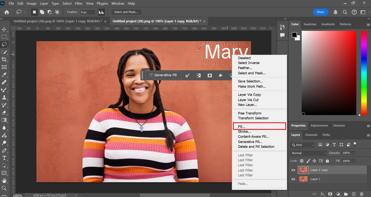 How to remove text on image in Photoshop: Click on Fill