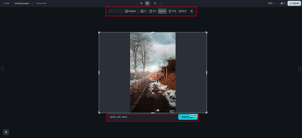 Dreamina's expand pictures AI settings window