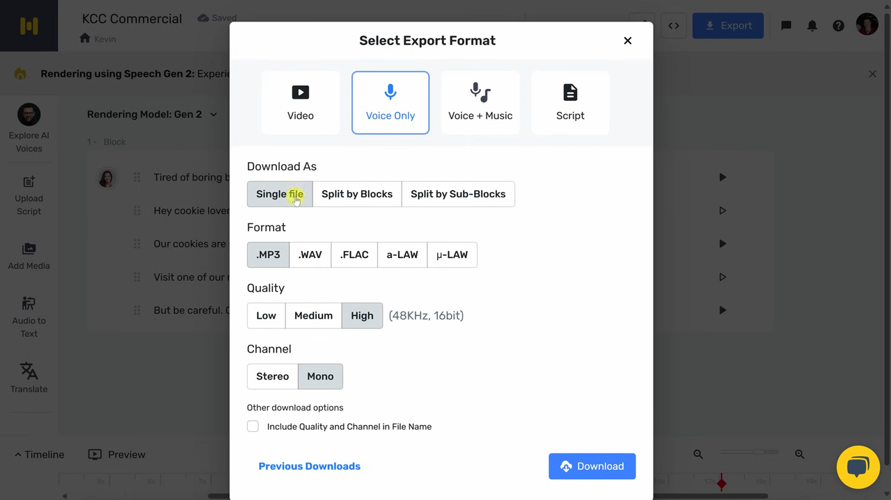 Exporting audio from the Murf AI text-to-speech tools