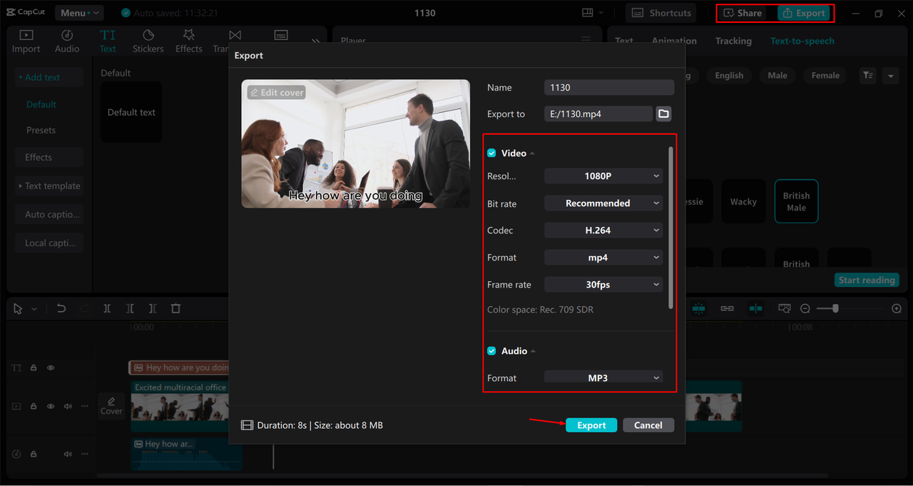 Exporting a video from the CapCut desktop video editor