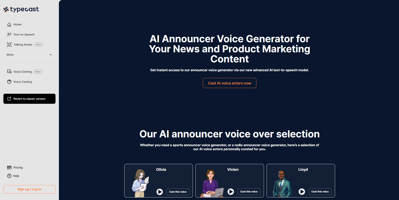 Interface of Typecast.AI - an easily accessible online AI voice announcer