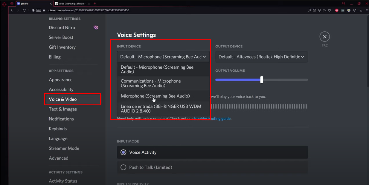 Selecting the input device in Discord 