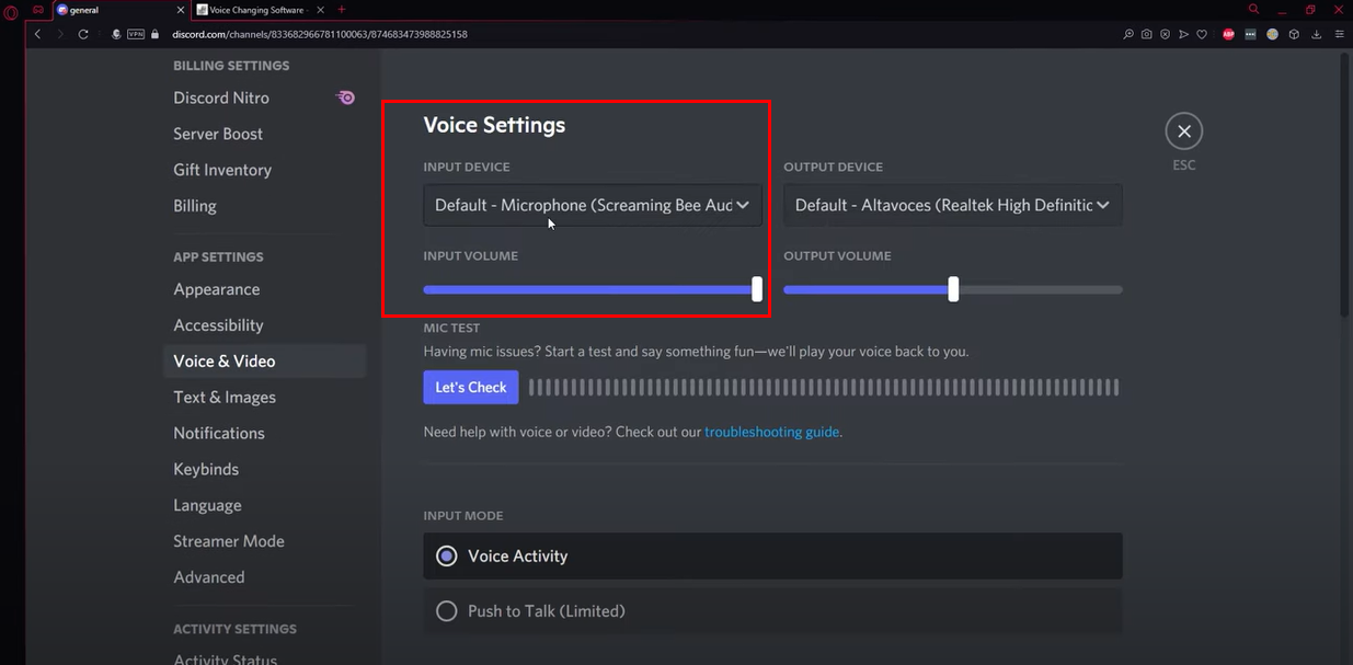 Adjusting the input setting in discord