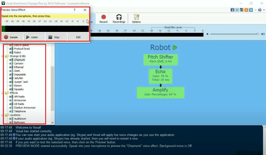 Selecting and customizing the voice effect in Voxal