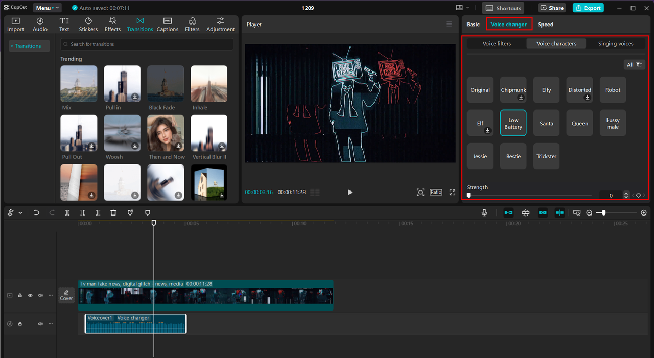 Showing CapCut interface applying voice changer effect