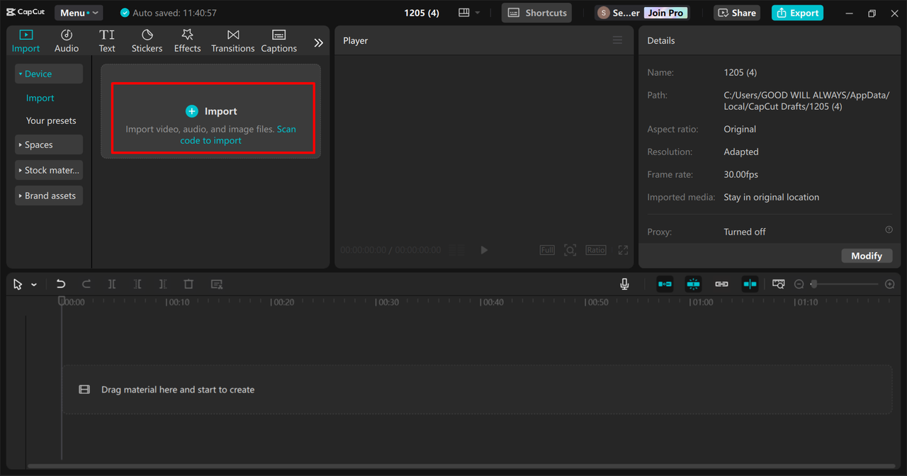 Uploading media in the CapCut desktop video editor