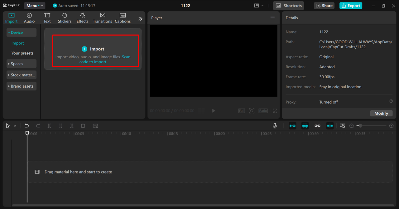 Uploading media in the CapCut desktop video editor