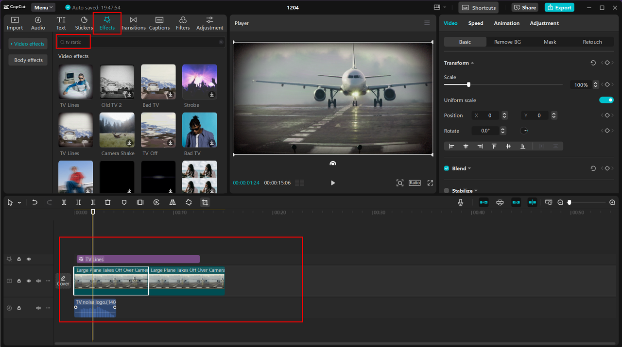 Applying and editing TV static effects to video in CapCut