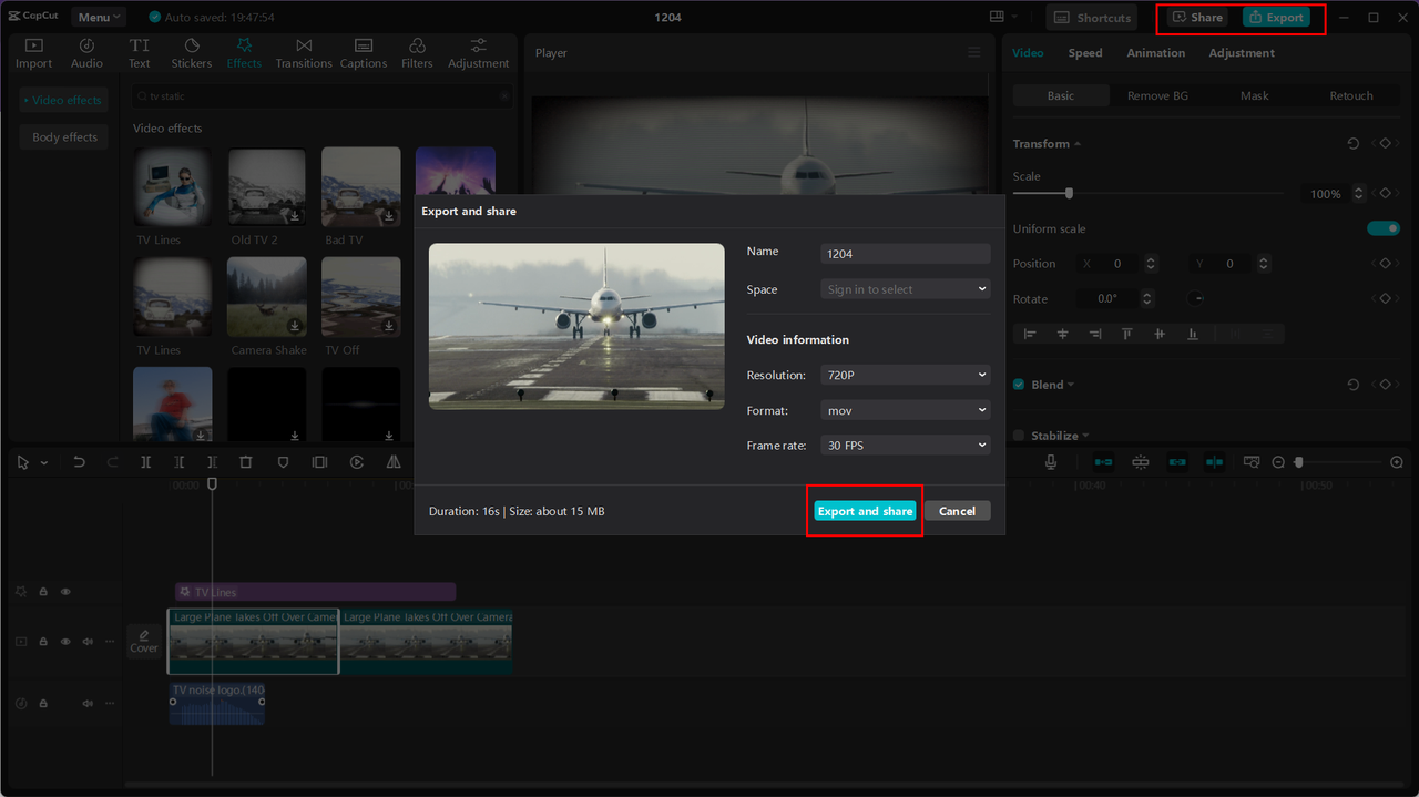 Exporting or sharing the video from CapCut