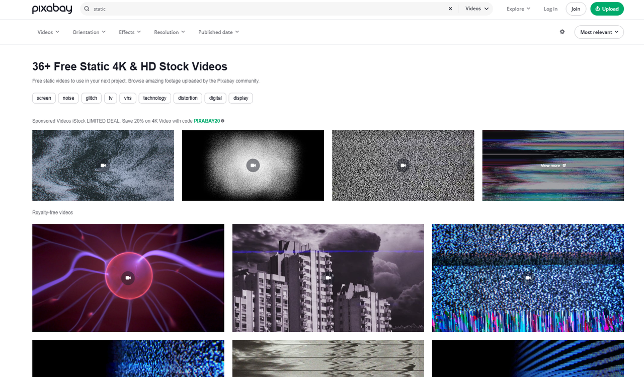 Pixabay is a free stock source of tv static videos