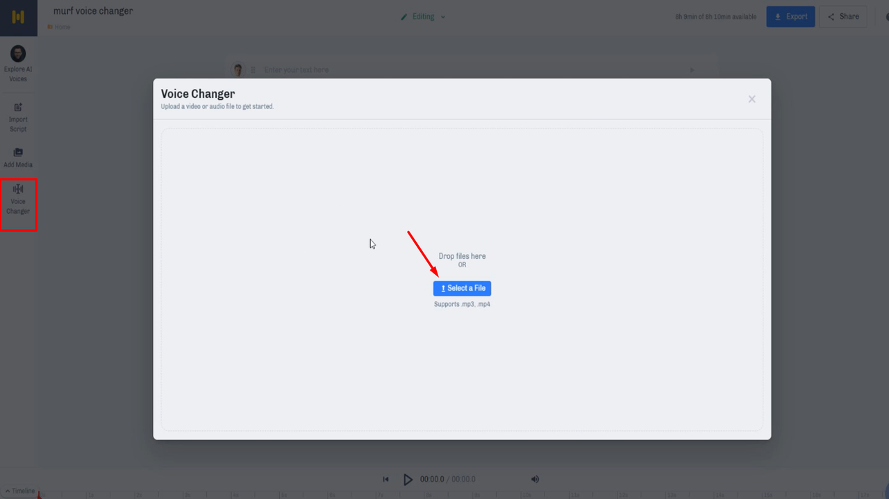 Selecting Murf AI's AI voice changer and uploading media