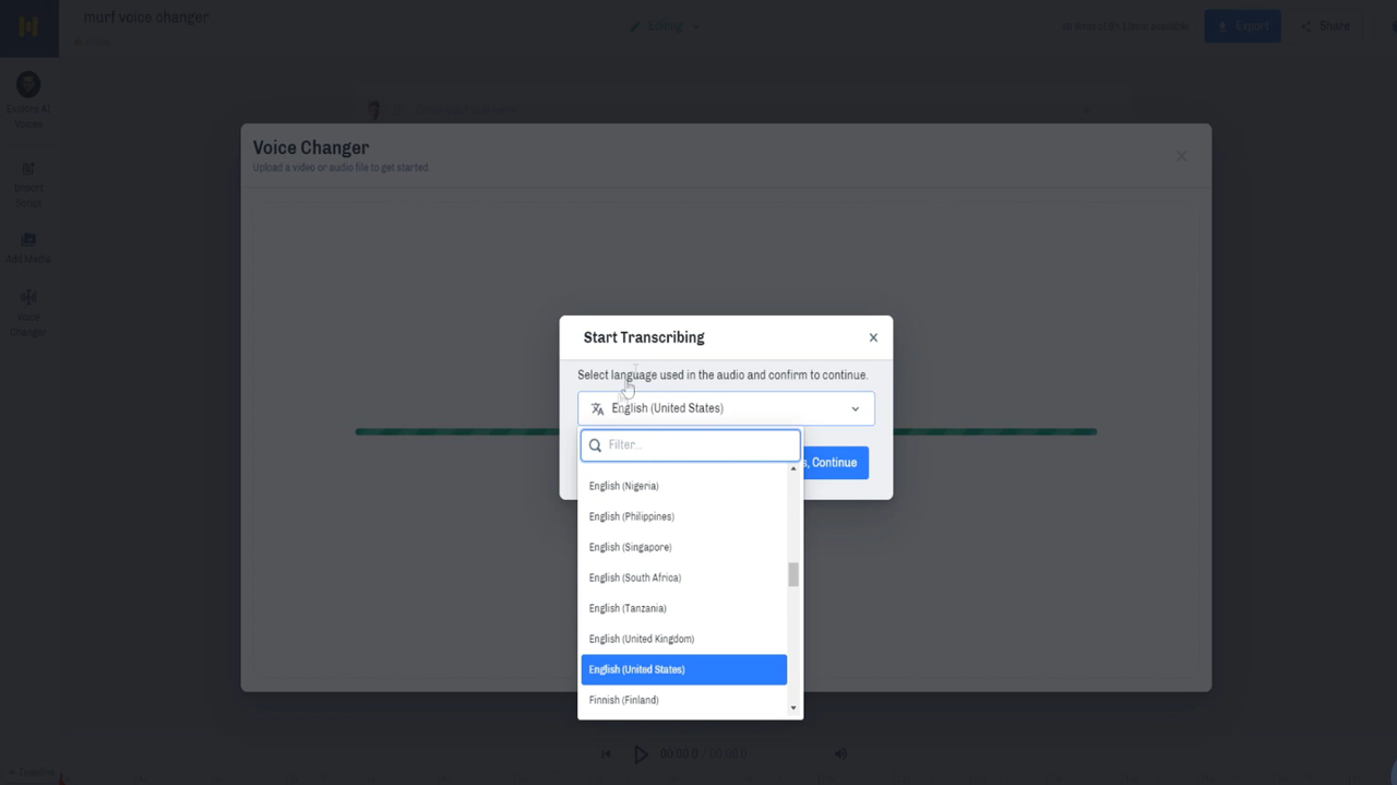 Converting audio to text in Murf AI Studio