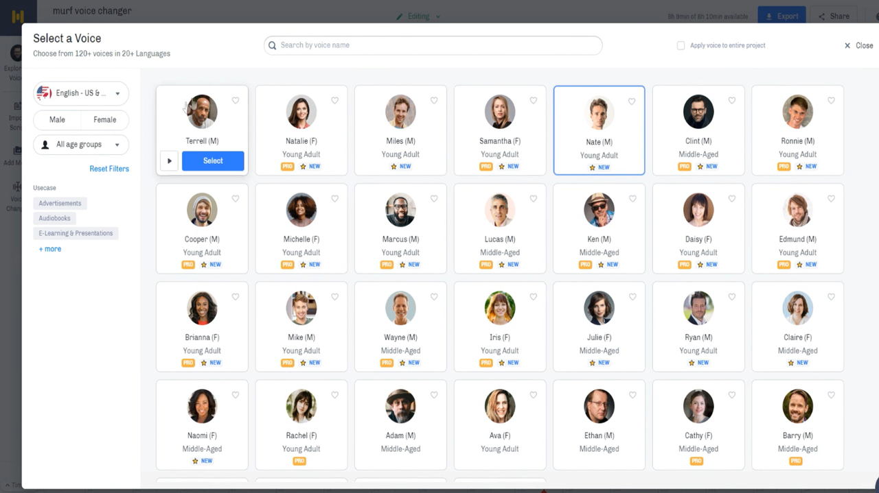 Choosing an AI voice according to your project style in Murf AI Studio