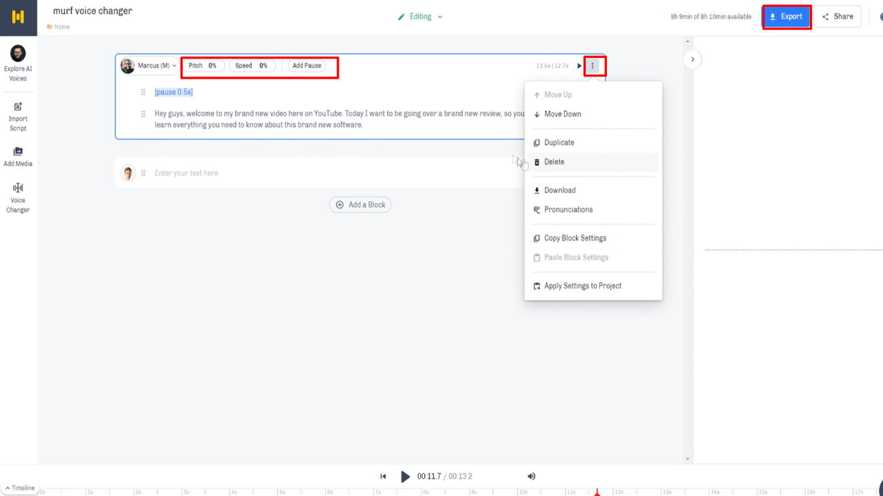 Customizing Murf AI voice changer setting to make it natural 