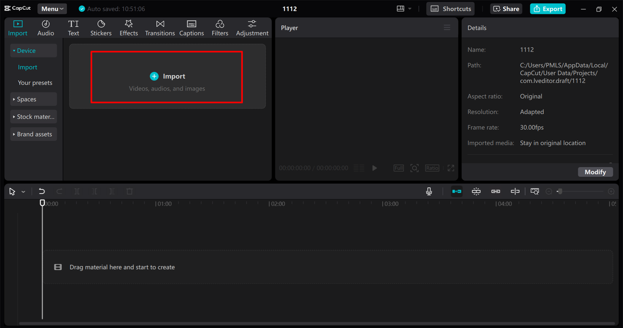 Importing video in the CapCut desktop video editor