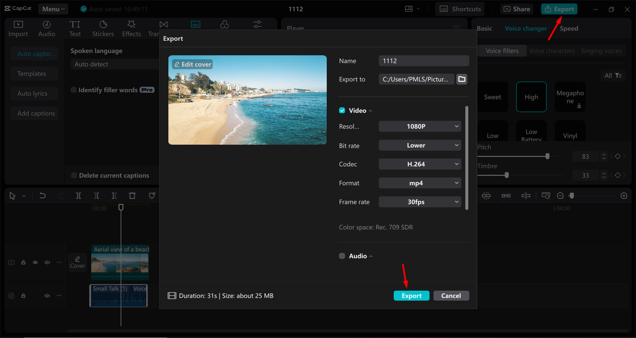 Exporting video from the CapCut desktop video editor