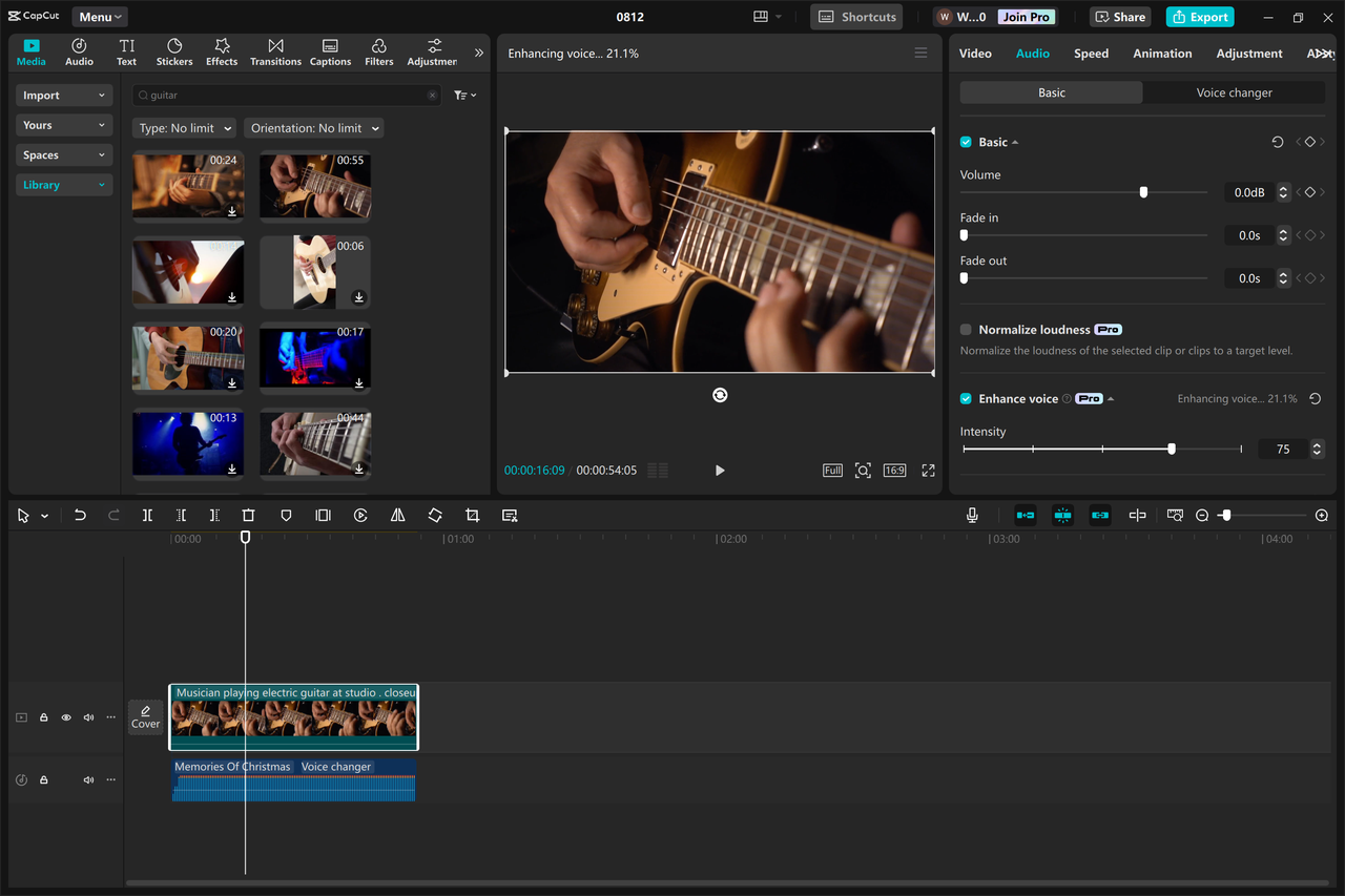 Editing interface of the CapCut desktop video editor - a perfect free autotune voice changer