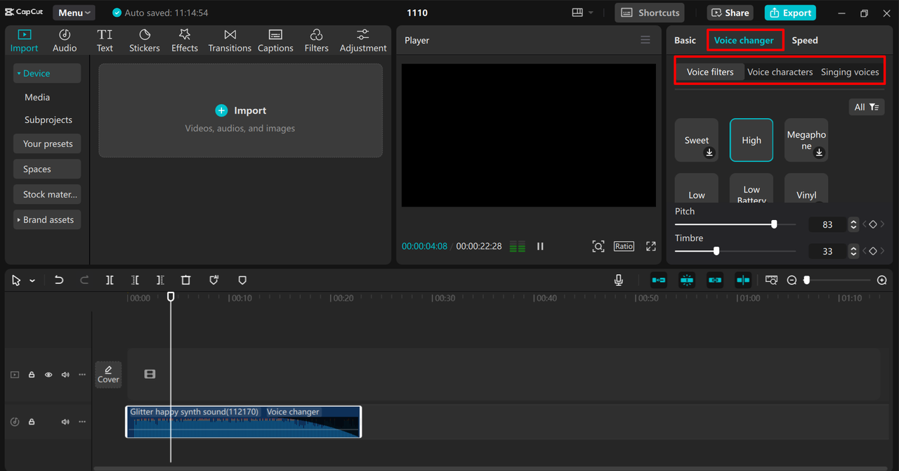 Adjusting the pitch to autotune the audio in the CapCut desktop video editor