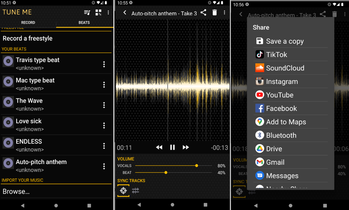 Interface of Tune Me - an effective autotune voice changer for mobile