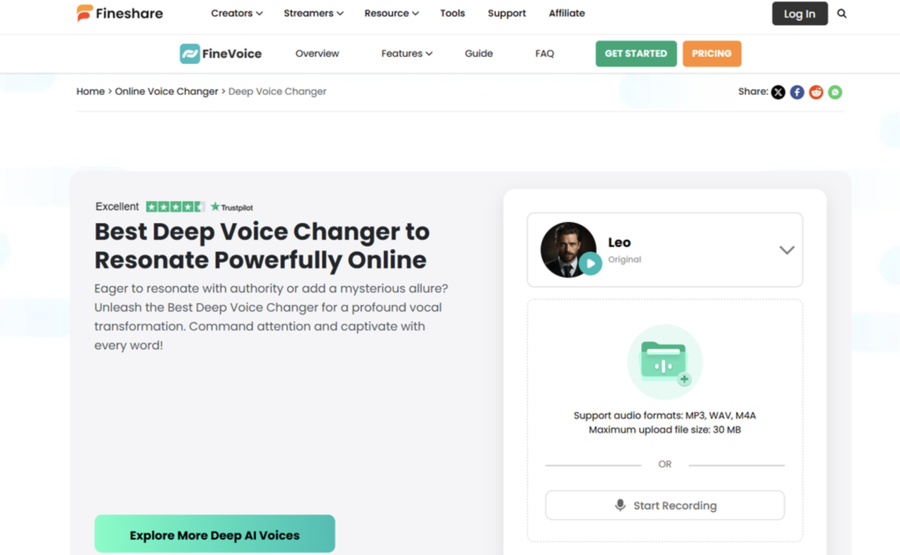 Interface of Fineshare - an efficient deeper voice changer