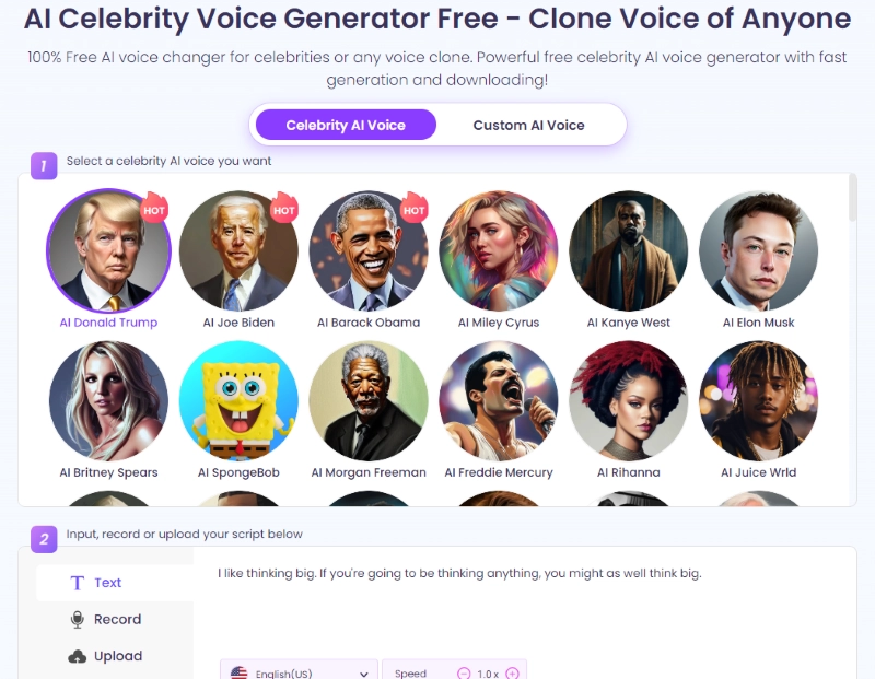 Interface of Celebrity voice changer - the perfect tool to change voice to celebrity