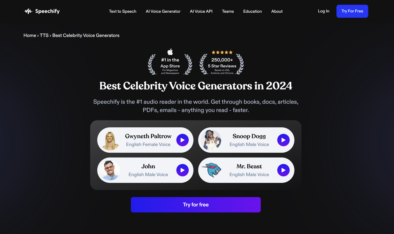 Interface of Speechify - the most famous voice changer