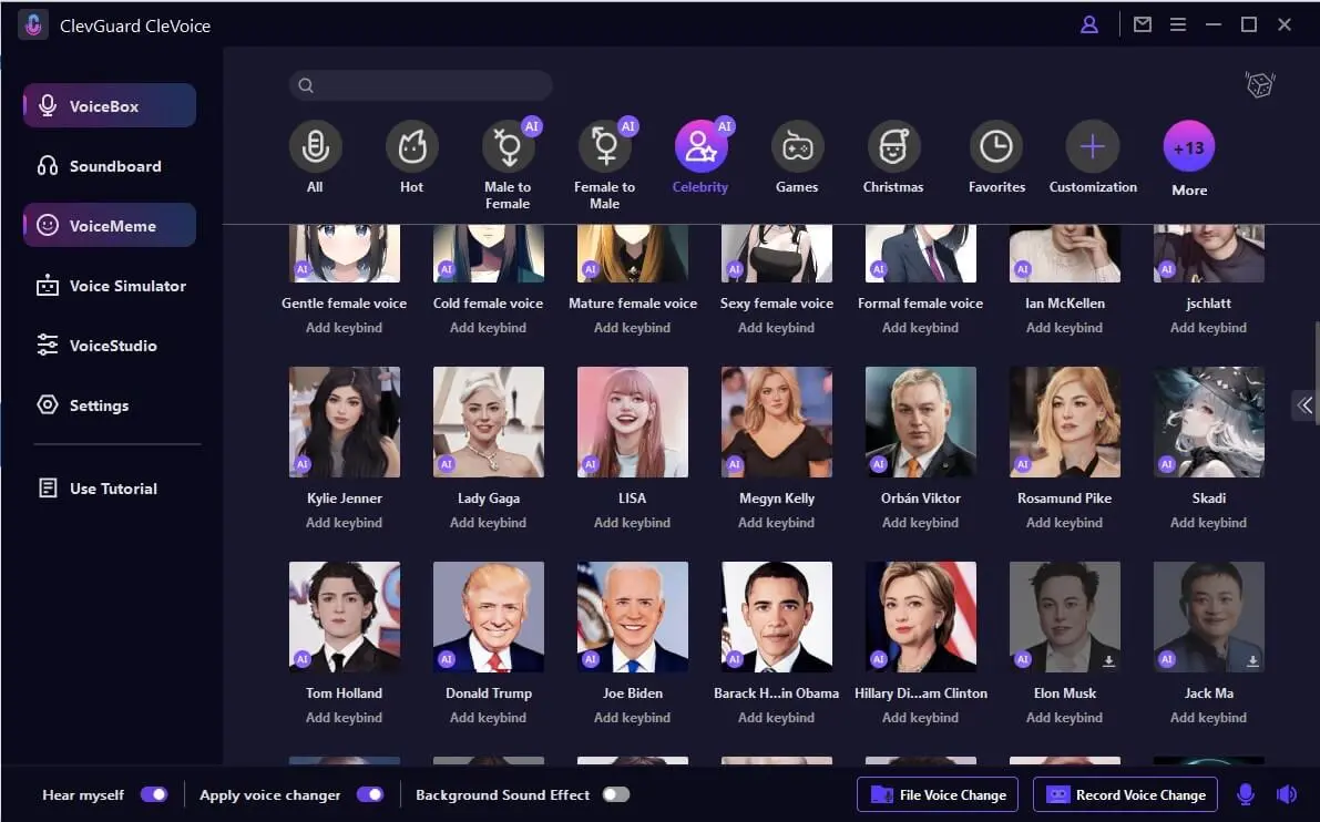 Interface of CleVoice Celebrity Voice Changer 