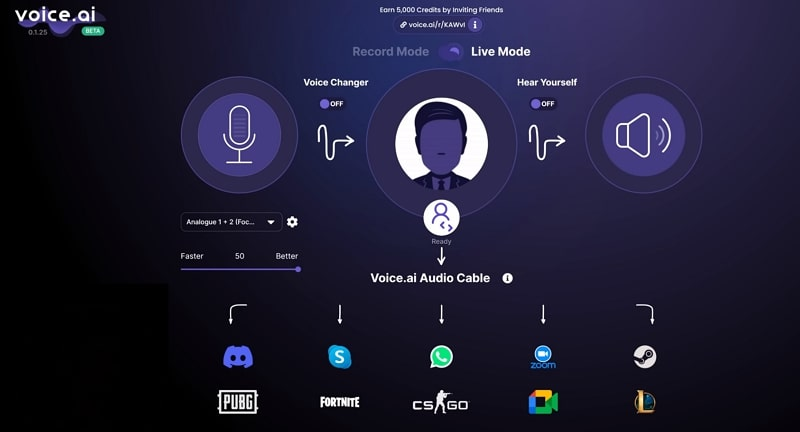 Interface of Voice.AI - the perfect free vocal enhancer for recordings