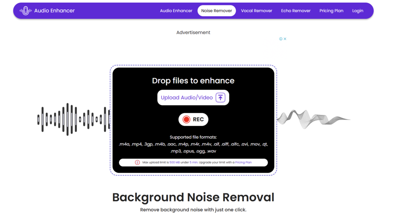 Interface of Audio Enhancer AI - a user-friendly and free vocal enhancer