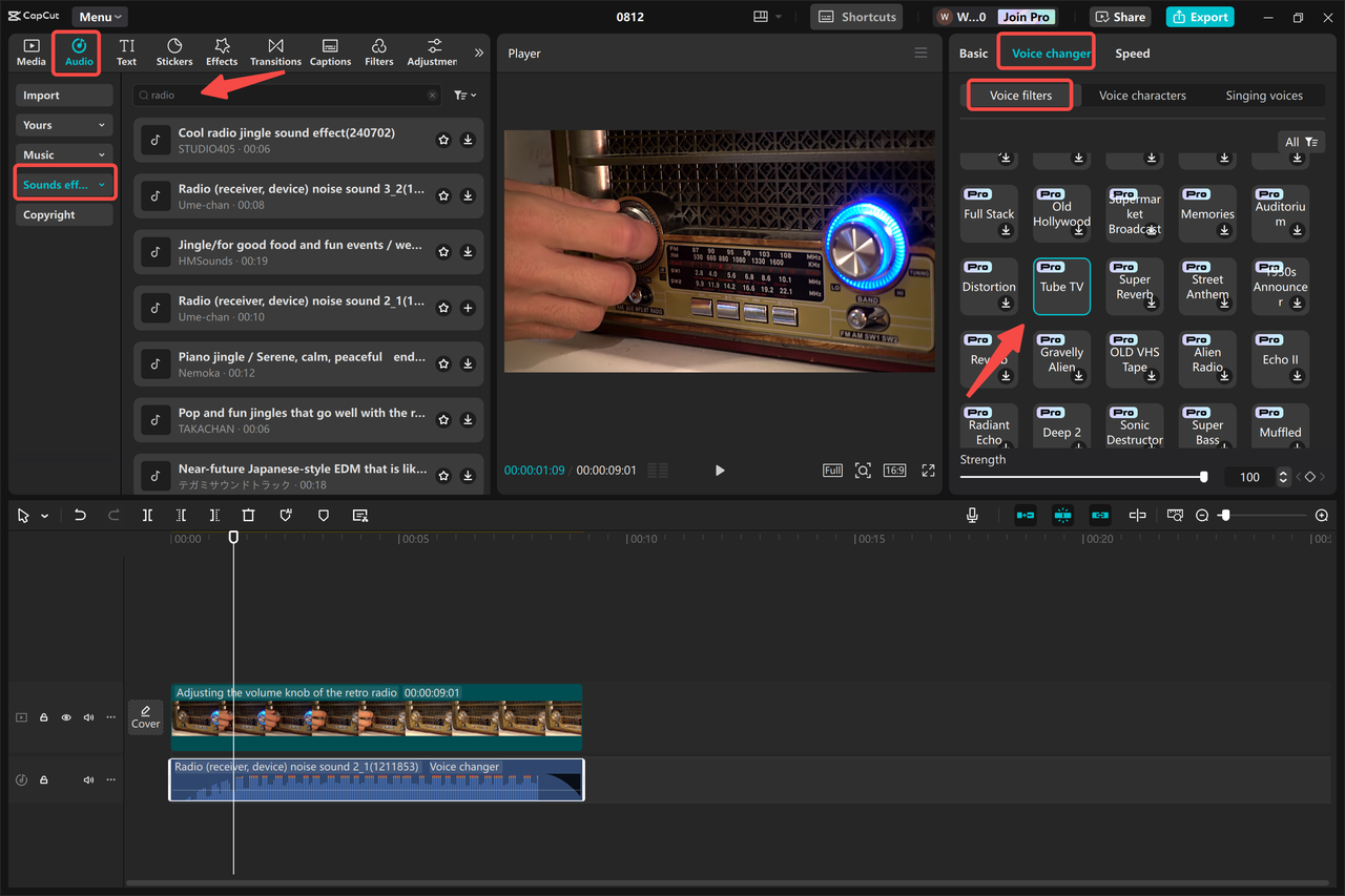 Using the AI voice changer for old radio voice filters in the CapCut desktop video editor