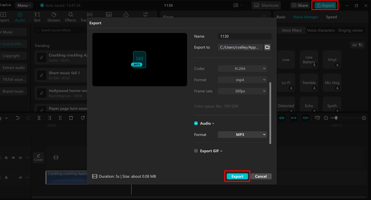 Exporting a video from the CapCut desktop video editor