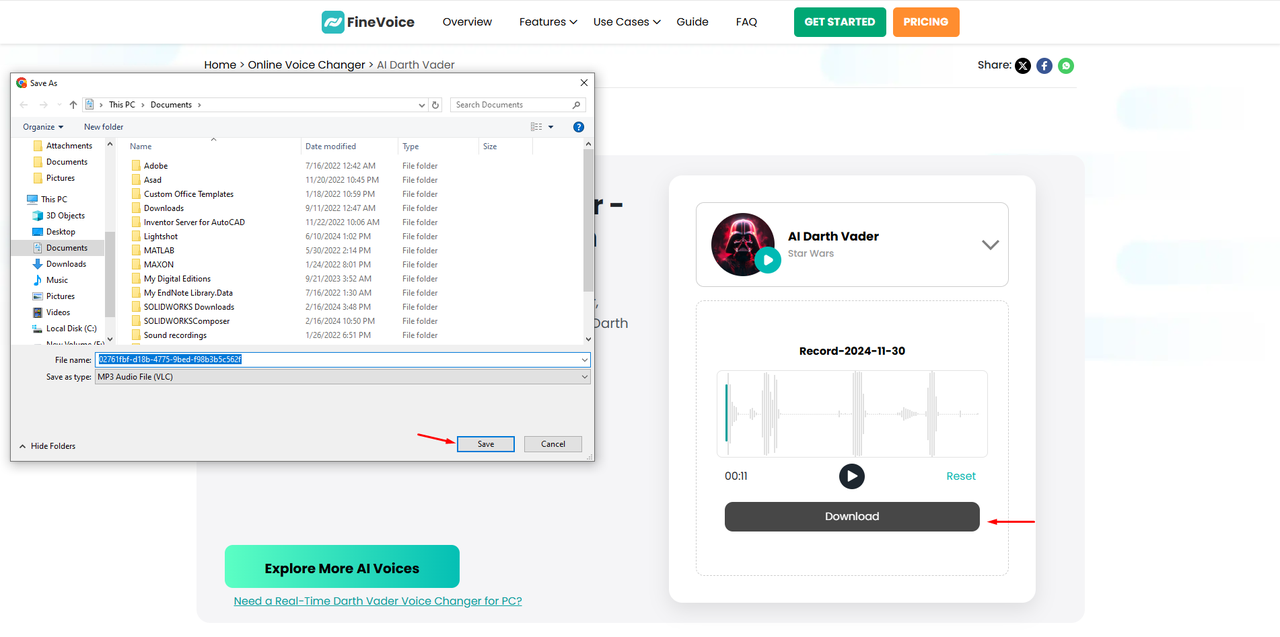 Downloading the generated voice from the Darth Vader voice changer