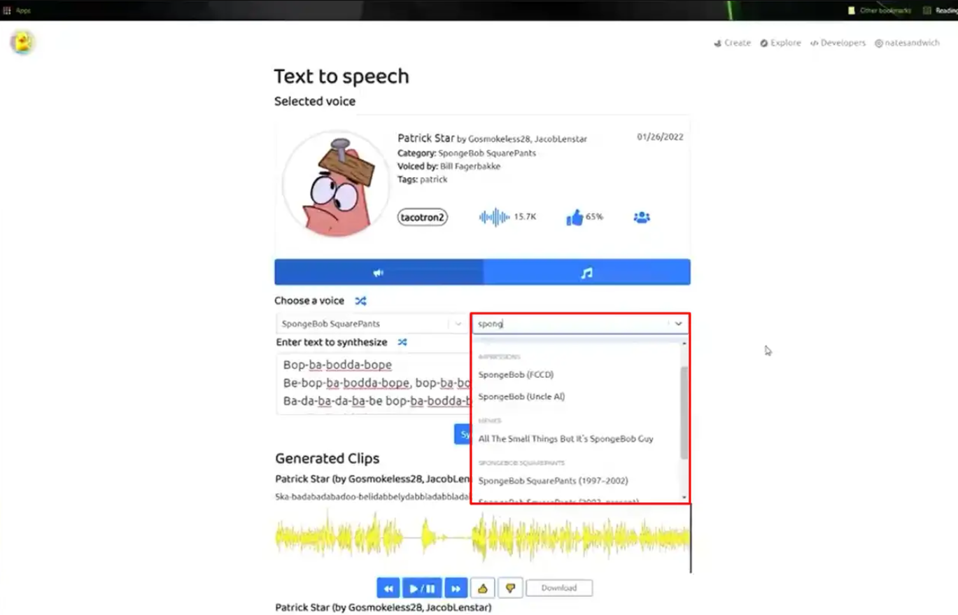 Choosing a suitable voice in the Uberduck voice generator