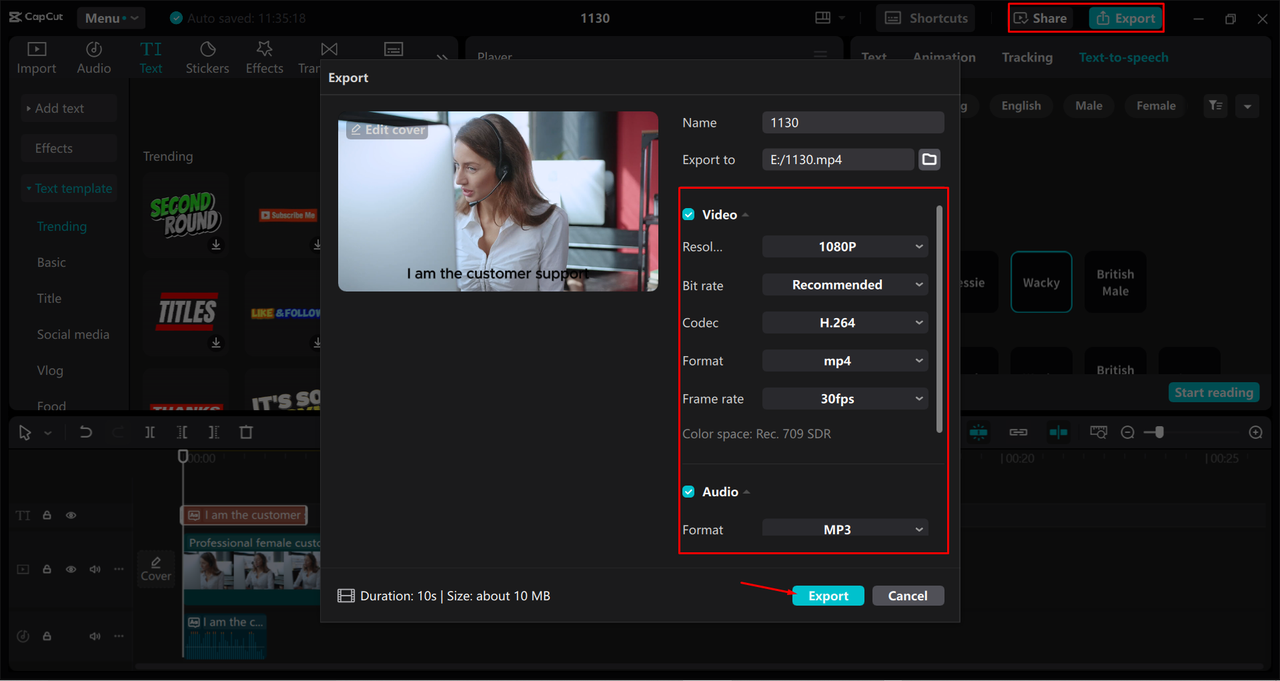 Exporting a video from the CapCut desktop video editor