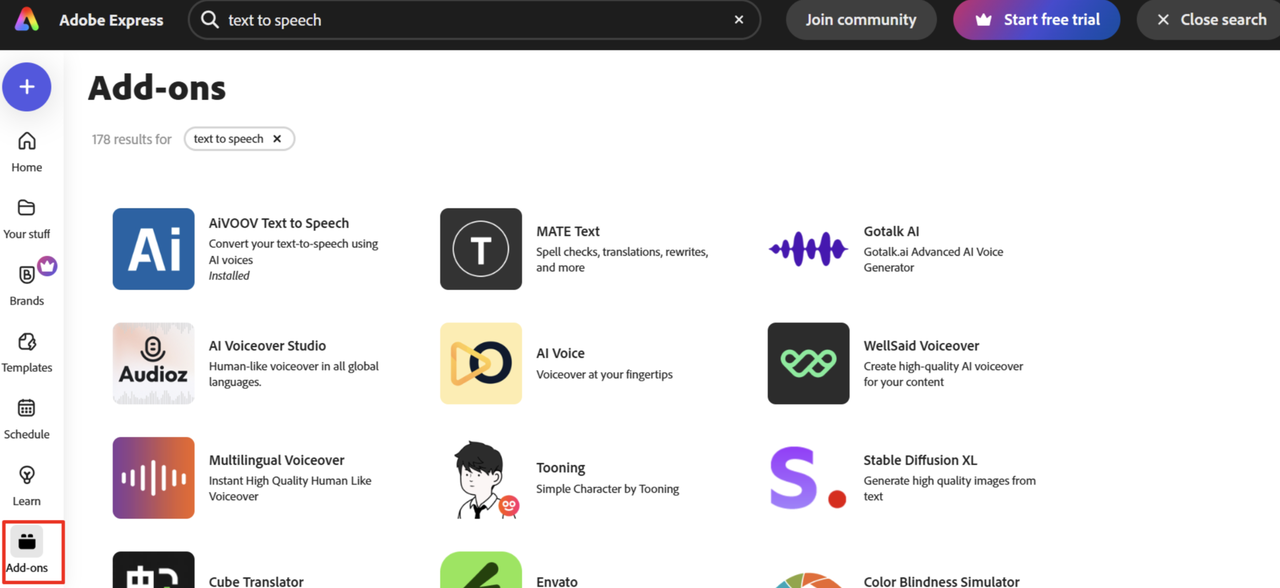 Finding the text-to-speech generator in the Add-ons section in Adobe Express