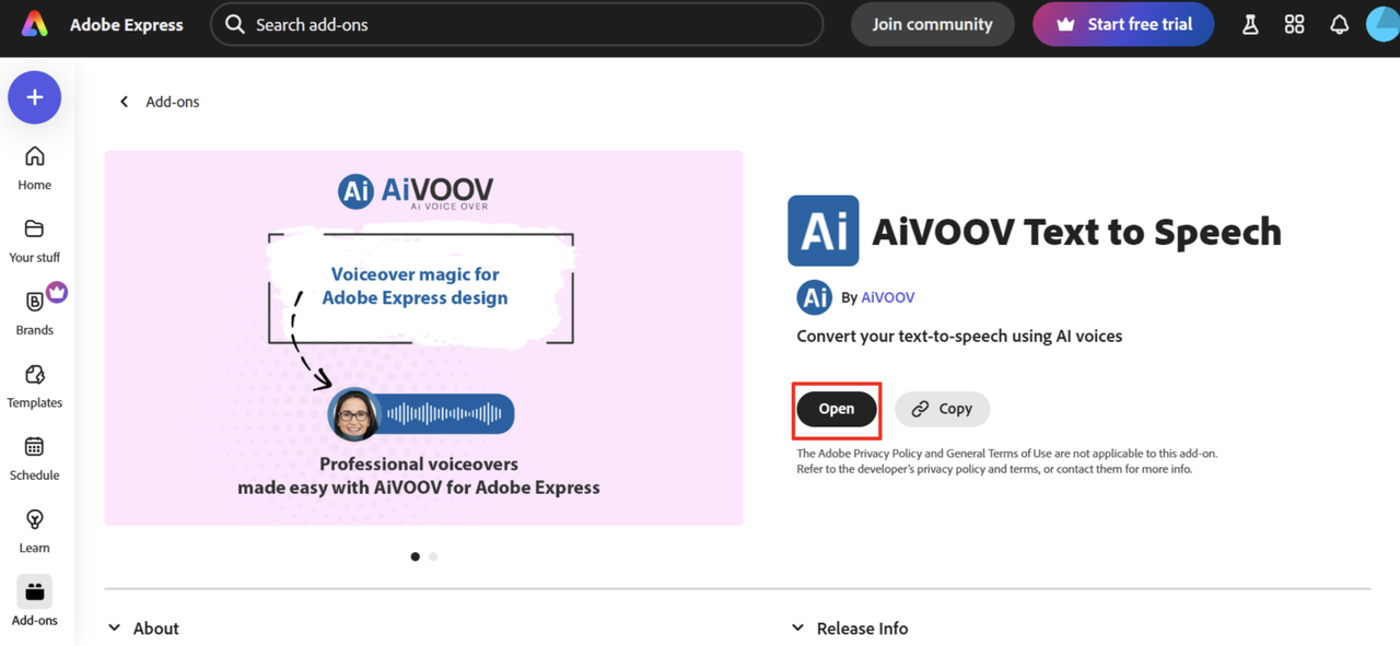 Opening AiVOOV Text to Speech generator in Adobe Express