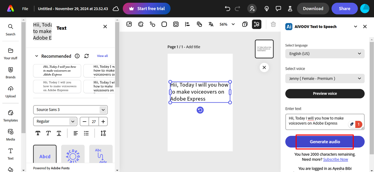 Generating AI voice in Adobe Express