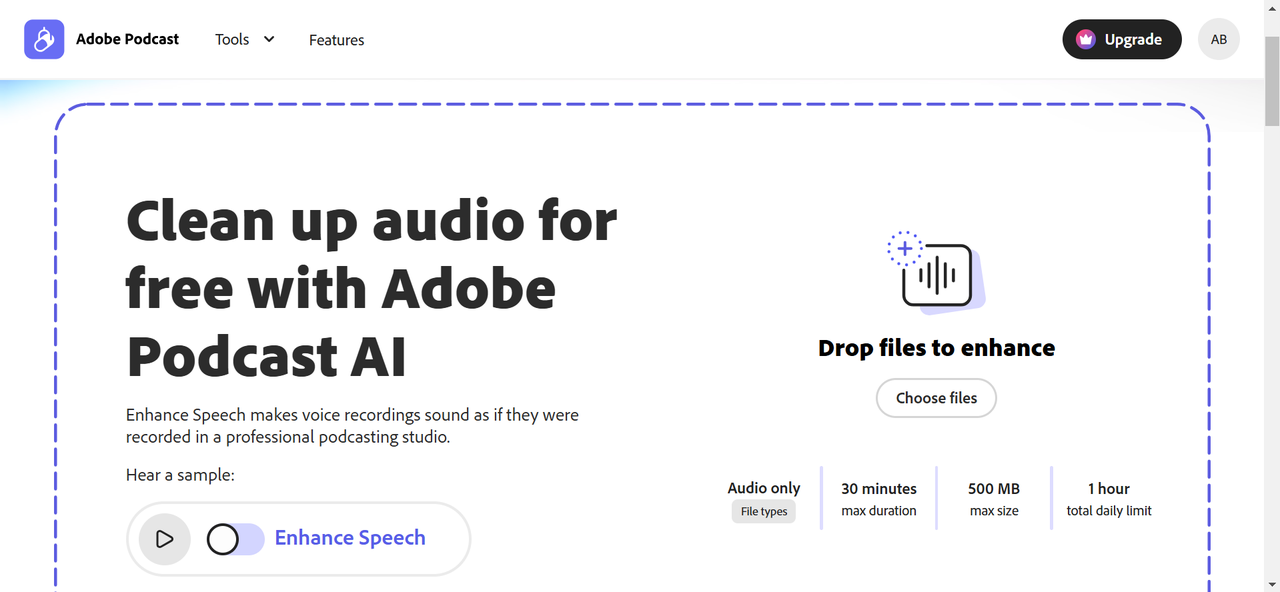 Uploading voiceover in Adobe Podcast