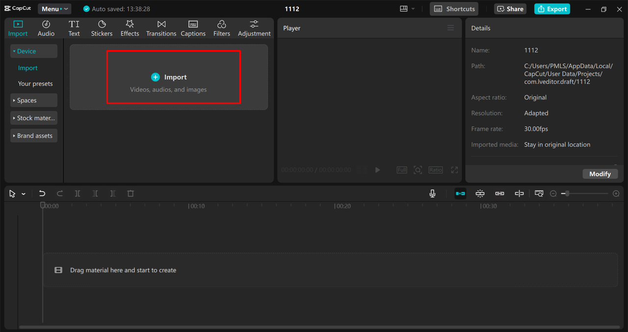 Uploading audio in the CapCut desktop video editor