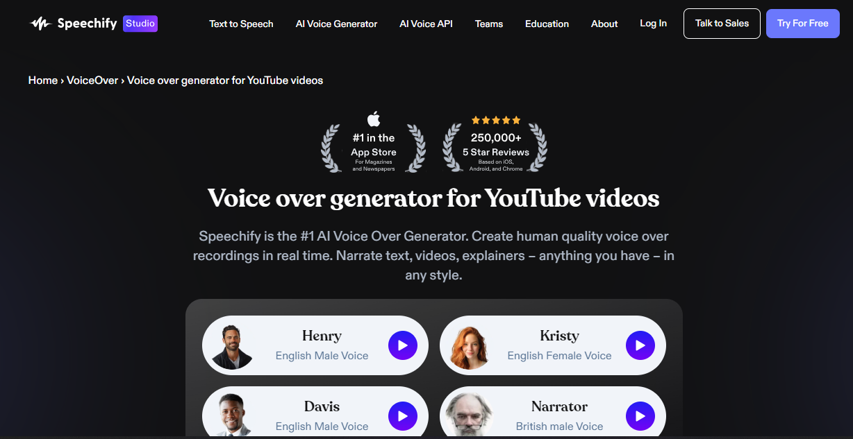 Interface of Speechify - best free AI voice generator for YouTube