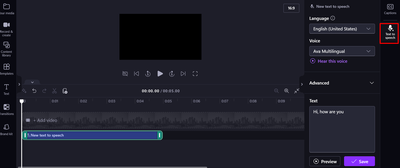 Interface of Clipchamp - an amazing video editing tool used for generating AI voice for YouTube videos