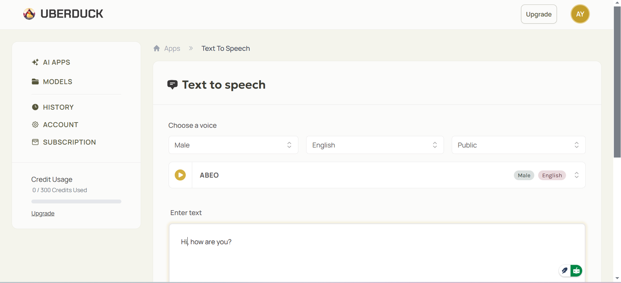 Entering the text in Uberduck text to speech tool