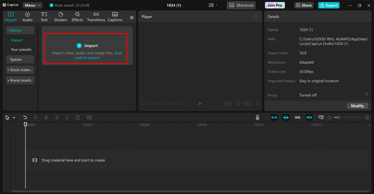 Importing video into the CapCut desktop video editor  