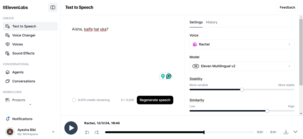 Interface of ElevenLabs - an effective tool to generate Arabic AI voice