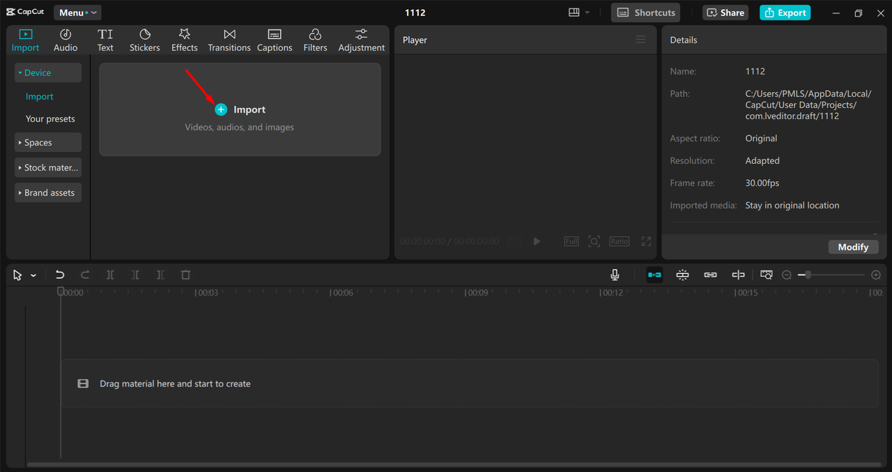 Importing video in the CapCut desktop video editor