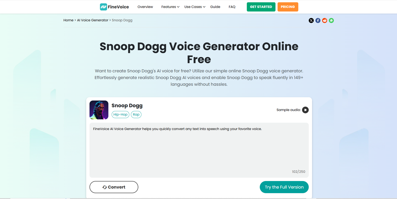 Interface of Fineshare - the best online Snoop Dogg AI voice generator