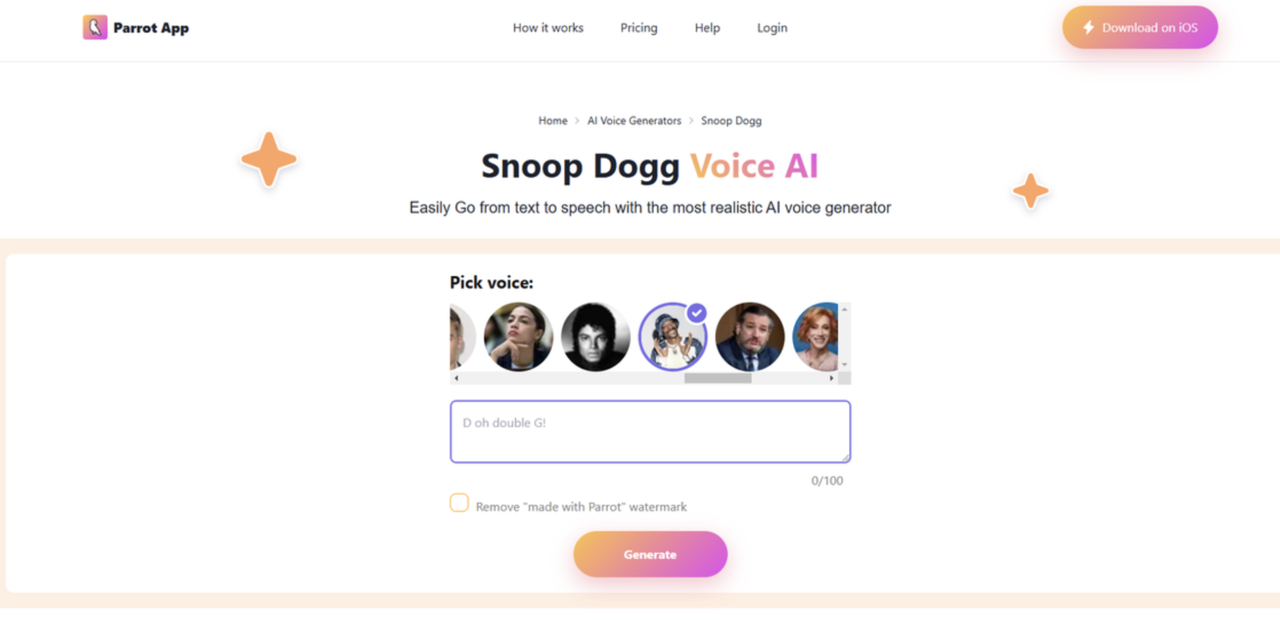 Interface of Parrot AI voice generator - a quick way to make Snoop Dogg AI voice