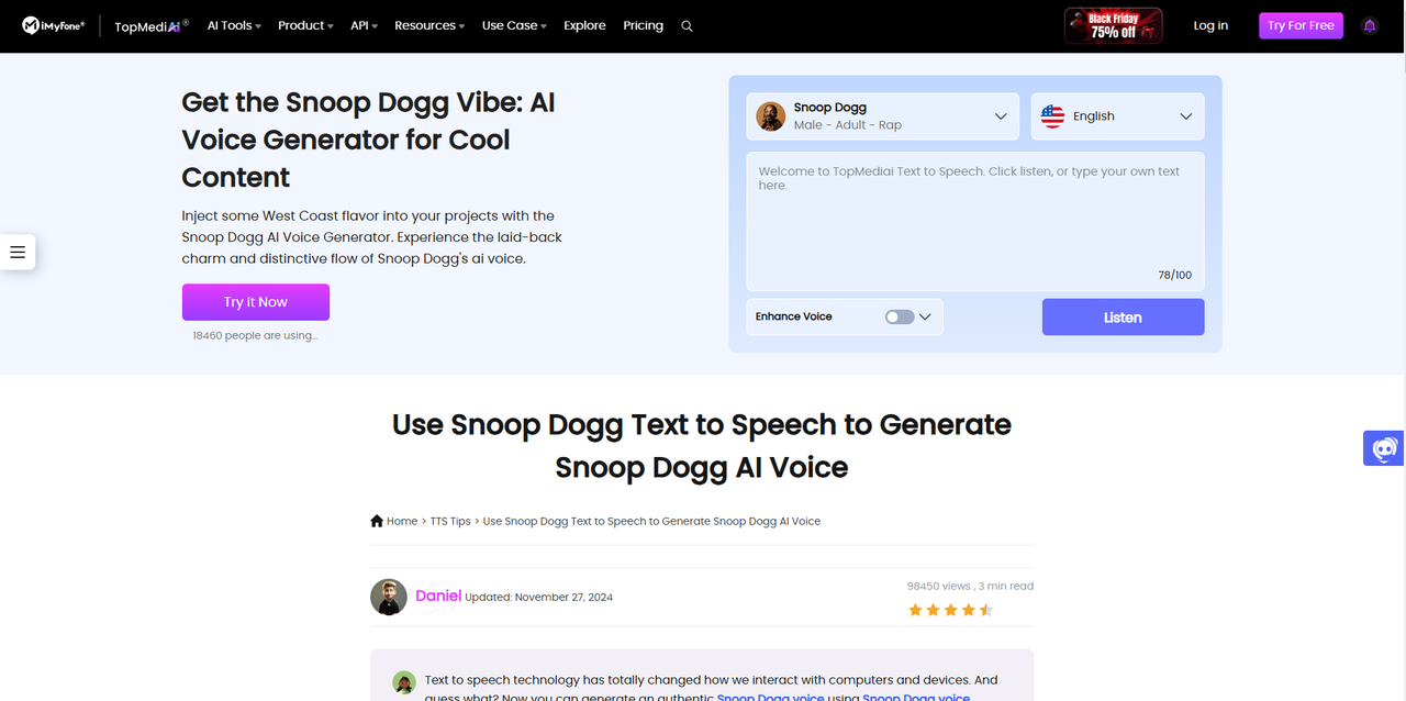 Interface of TopMediai - a user-friendly Snoop Dogg AI voice generator